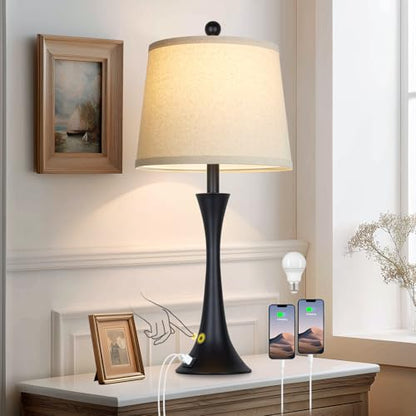 27.5" Black table Lamps for Living Room, Touch Control 3-Way Dimmable Bedside Nightstand Lamps Bedroom Lamp,Modern Black Table Lamp with USB A+C Ports,Tall Lamps for Living Room End Table（1Pack） - color: Black (1 Pack)