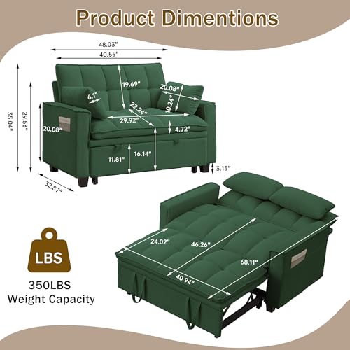 Convertible Sofa Bed, Loveseat Sleeper Sofa with Pull Out Bed and Adjustable Backrest, 3-in-1 Futon Couch for Living Room, Bedroom, Apartment, Green - color: Green, size: Pull Out Sofa Bed