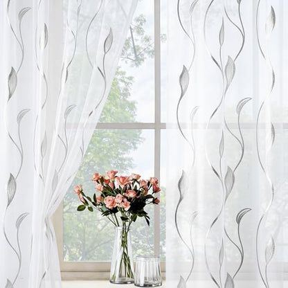 Silver Foil Print Sheer Curtains 63 inches Long, 2 Panels Ginkgo Bronzing Treatment Sheer Curtain, Rod Pocket Window Treatment Panels for Bedroom Living Room - color: Wicker/Silver/White, size: 42"W x 63"L (Pack of 2)