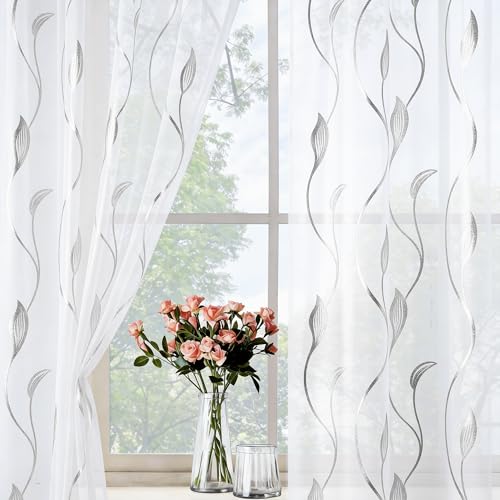 Silver Foil Print Sheer Curtains 84 inches Long, 2 Panels Wicker Bronzing Treatment Sheer Curtain, Rod Pocket Window Treatment Panels for Bedroom Living Room - color: Wicker/Silver/White, size: 52"W x 84"L (Pack of 2)