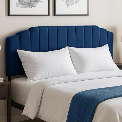 Upholstered Headboard Adjustable Height Queen/King Headboard Cream Velvet Tufted Modern Vertical Channel Design with Stepped Silhouette Top Edge(Blue King) - color: Blue, size: King