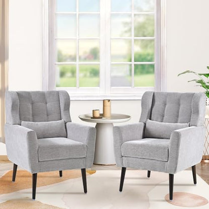 Accent Chair Set of 2, Upholstered Armchair with Pillow, Fabric Single Sofa Chair with Lounge Seat and Wood Legs Accent Chair for Living Room Small Spaces (Grey, Set of 2) - color: Grey, size: Set of 2