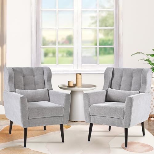 Accent Chair Set of 2, Upholstered Armchair with Pillow, Fabric Single Sofa Chair with Lounge Seat and Wood Legs Accent Chair for Living Room Small Spaces (Grey, Set of 2) - color: Grey, size: Set of 2