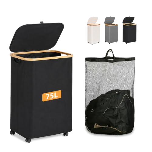 Slim Laundry Hamper with Wheels 75L with Removable Wash Bag Black | Rolling Laundry Basket for Clothes，Large Laundry Basket with Lid for Bedroom, Bathroom, Dorm, Laundry Room - color: Black, size: 75L