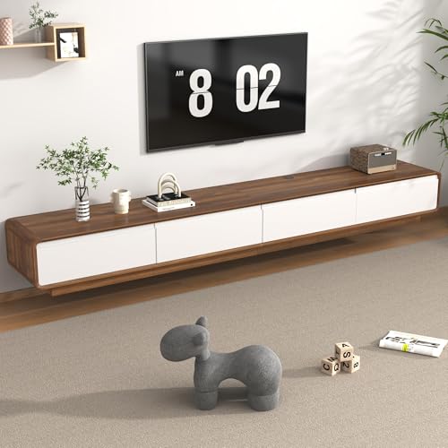 chartustriable 94.5" Minimalist Floating TV Stand for TVs up to 100 Inches, Modern Wall Mounted Media Console with 2 Drawers, Entertainment Center for Living Room, Walnut and White - color: Walnut and White, size: 94.5 Inch