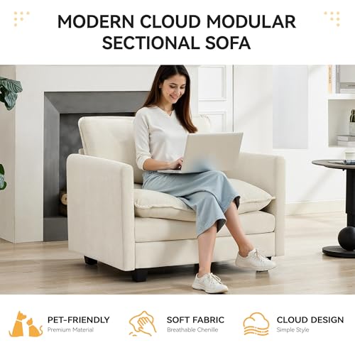 WUTUTUEE 41'' Modern Chenille Oversized Chair, Upholstered Accent Living Room Chair with Extra Thicked Deep Seat, Single Lounge Chair for Bedroom, Small Apartment, Beige - color: Beige, size: 41'' Single Seat