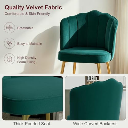 VECELO Velvet Dining Chairs Set of 2, Modern Upholstered Kitchen Chairs with Thick Cushions, Curved Padded Backrest and Metal Legs, for Kitchen, Dining Room, Living Room, Green - color: Green, size: Set of 2