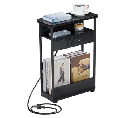 YEAKOO Narrow Side Table with Charging Station, 3-Tier End Table with 2 USB Ports & Power Outlets,Thin Sofa Side Table for Narrow and Small Spaces, Bedside Table Nightstand for Living Room,Black - color: Black