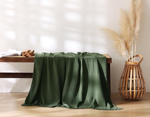 100% Cotton Muslin Throw Blanket for Bed, Couch, Small, Decorative, Soft, Pre-Washed, Breathable and Lightweight Gauze Blanket with Tassels(Dark Green, 50"x60") - color: Dark Green