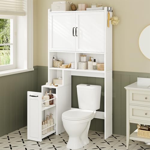 Over The Toilet Storage Cabinet with Pulley Small Bathroom Storage Cabinet, Space Saver W/Adjustable Shelf & Open Shelf for Bathroom, Restroom, Laundry (White) - color: White