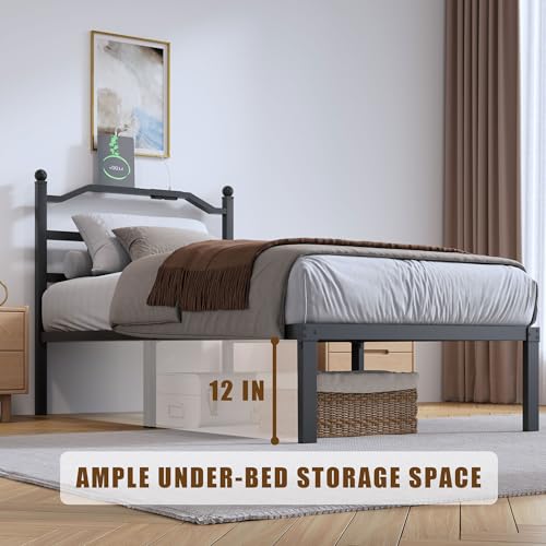 SHOANED Metal Bed Frame with Headboard - 14 Inch Twin XL Size Heavy Duty Bedframe with Charging Station Black Basic Steel Slats Platform No Box Spring Needed/Noise Free - size: Twin XL, style: 14 Inch with Charging Station