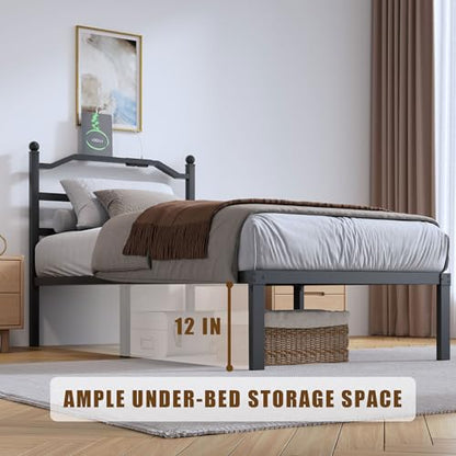 SHOANED Metal Bed Frame with Headboard - 14 Inch Twin XL Size Heavy Duty Bedframe with Charging Station Black Basic Steel Slats Platform No Box Spring Needed/Noise Free - size: Twin XL, style: 14 Inch with Charging Station