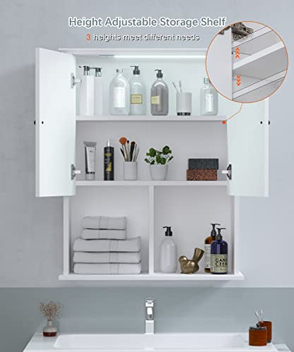 HAIOOU Bathroom Wall Cabinet with Motion Sensor Light, 23.6 Inch - White | Wooden Wall Mounted Medicine Cabinet with Adjustable Shelf, Soft Close Hinges for Over the Toilet Bathroom Storage - color: White