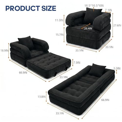 Folding Sofa Bed, Convertible Sleeper Chair with Armrests for Adults, Foldable Corduroy Boneless Bed, 3-in-1 Portable Futon Couch Floor Sofa with Pillow for Bedroom, Living Room, Black