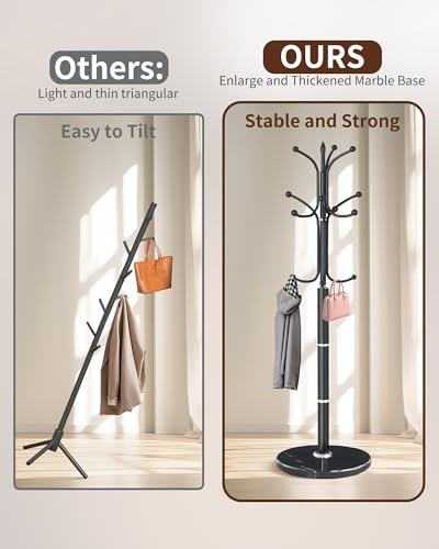 Snaikor Metal Coat Rack Freestanding, Sturdy Coat Rack Stand with Natural Marble Base, Modern Black Coat Racks Tree Hats Hanger Holder Stand for Entryway, Hallway, Office(12 Hooks) - color: Black-12Hooks