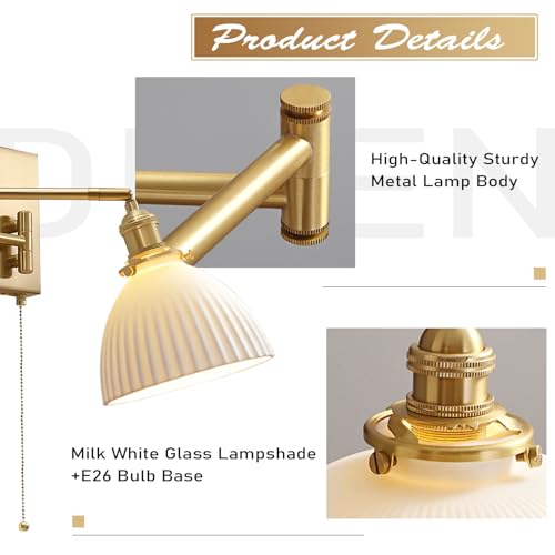 1-Light Bathroom Wall Sconce Modern Farmhouse Gold Swing Arm Wall Sconce Milk Glass Wall Lamp with Pull Chain Single Brushed Brass Wall Mount Light Hardwired Wall Light Fixtures MWL14D-1 - color: D-1Pack