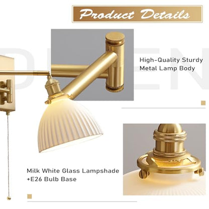 1-Light Bathroom Wall Sconce Modern Farmhouse Gold Swing Arm Wall Sconce Milk Glass Wall Lamp with Pull Chain Single Brushed Brass Wall Mount Light Hardwired Wall Light Fixtures MWL14D-1 - color: D-1Pack