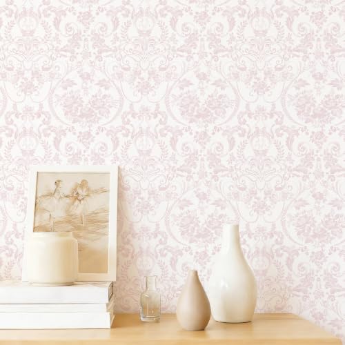 Ismoon Peel and Stick Wallpaper Pink Contact Paper 17.3in x 32.8ft Vintage Floral Wallpaper Boho Damask Removable Textured Wall Paper for Bedroom Bathroom Shelf Cabinet Décor - color: Pink and White, size: 17.3" x 393"