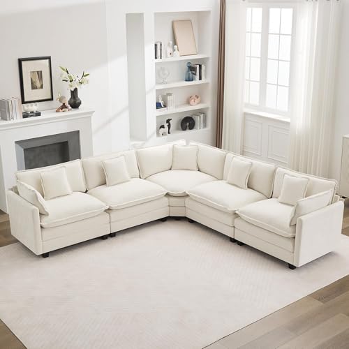 113'' V Shaped Cloud Sectional Sofa, Oversized Deep Seat Couches for Living Room, Chenille Comfy Upholstered Modular Sectional Sofa Couch, Beige - color: Beige, size: 113'' V Shape