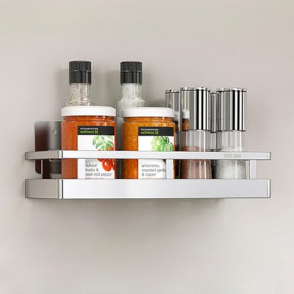 SUS304 Stainless steel Wall Mount Spice Rack Storage Basket - Seasoning Container, Kitchen Spice Organizer -Kitchen Seasoning Hanging Rack - Bathroom Shelf (Silver) - size: 11.8Inch 1PC