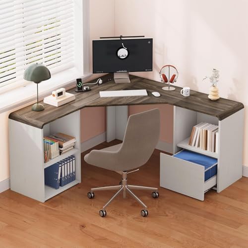 59'' Reversible L-Shaped Computer Desk, White | Corner Desk w/ Fluted Storage, Sliding Doors, Drawers & 4AC+USB-C. Reversible Fits Any Room Layout For Home Office - color: White