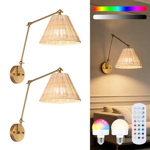 Rattan Battery Operated Wall Sconces Set of 2, Rechargeable Dimmable Wall Light with RGB Bulb and Remote, Adjustable Swing Arm Wall Light, Wireless Gold Bedside Light Fixture for Bedroom, Living Room - color: Gold