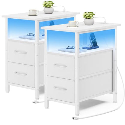 Set of 2 White Nightstand with Charging Station and LED Lights, Narrow Side Table, LED Night Stand with 2 Fabric Drawers, Bedside Table Small End Table, Tall Nightstand for Bedroom, White - color: White, size: 2, style: With LEDs