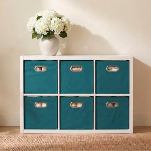 Household Essentials Fabric Storage Bins in Strong Poly‑Woven Fabric, Sturdy Chipboard Sides, Grommet Front Handle, Teal Green, Set of 6 - color: Teal, size: 11” L x 11” W x 11” H