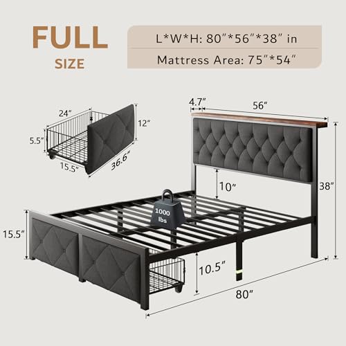 iPormis Full Bed Frame with 2 Storage Drawers, Linen Upholstered Headboard Platform Bed with Charging Station, No Box Spring Needed, Metal Slats Support, Noise-Free, Easy Assembly, Grey - color: Grey, size: Full