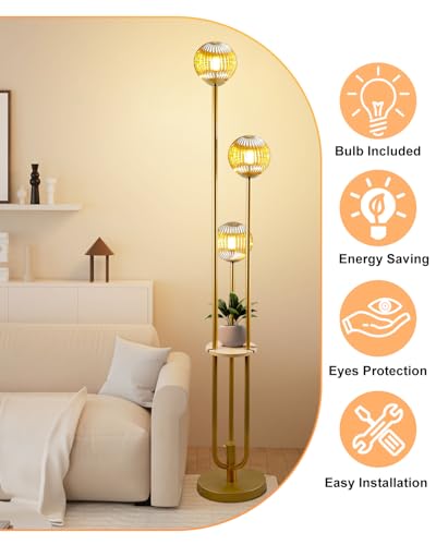 Globe Glass Floor Lamp with Table, Gold Tall Standing Lamps Dimmable, 3000K Warmwhite Mid Century Modern Floor Lamp with 5Lbs Heavy Base for Living Room/Bedroom - color: 3 Globe Glass-Gold