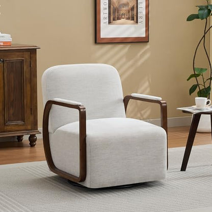 32" Chenille Upholstered Swivel Accent Chair, 360° Rotating Metal Base Modern Lounge Chair with Wooden Armrests for Living Room Bedroom, Beige - color: Beige, size: 1 Pack