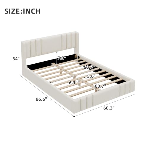 VilroCaz Queen Size Linen Upholstered Platform Bed Frame with Thick Fabric Headboard, No Box Spring Needed (Beige-6.17, Queen) - color: Beige-6.17, size: Queen