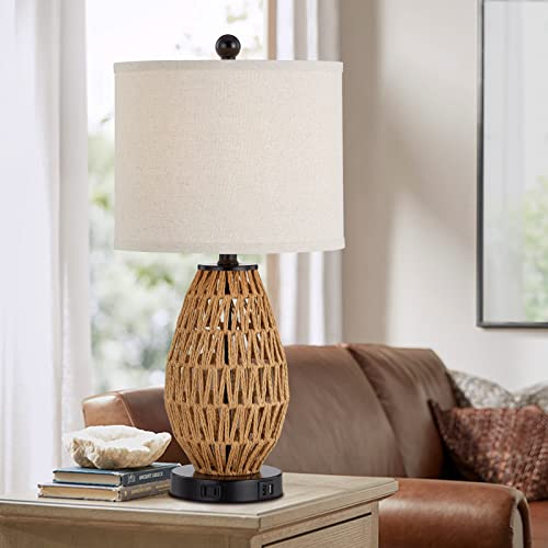 CINSARY Touch Control Rattan Table Lamp, 3 Way Dimmable Bedside Lamp for Bedroom with 2 USB Ports and AC Outlet, Wicker Nightstand Lamps for Living Room(LED Bulb Included), Rattan-1PK - color: Rattan-1PK