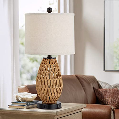 CINSARY Touch Control Rattan Table Lamp, 3 Way Dimmable Bedside Lamp for Bedroom with 2 USB Ports and AC Outlet, Wicker Nightstand Lamps for Living Room(LED Bulb Included), Rattan-1PK - color: Rattan-1PK