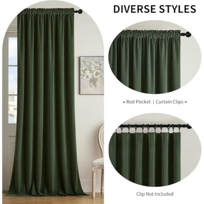 Joydeco Dark Olive Velvet Curtains 63 inch Length 2 Panels, Luxury Blackout Rod Pocket Thermal Insulated Window Curtains, Super Soft Room Darkening Drapes for Living Room Bedroom,W52 x L63 inches - color: Rod Pocket | Dark Olive Green, size: 52"W x 63"L (
