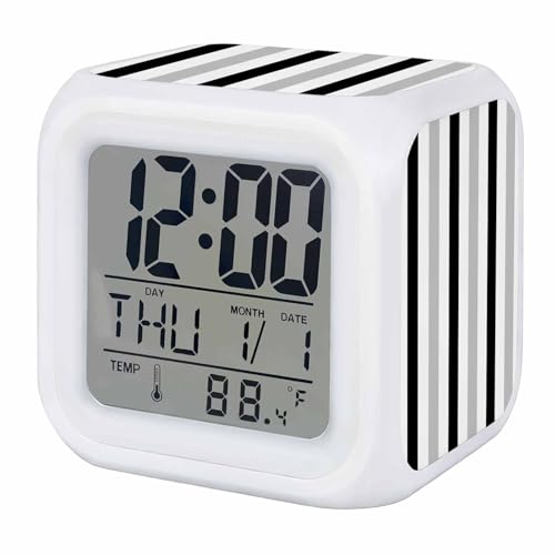 Digital Alarm Clocks for Bedroom,Abstract Stripes Geometric Cube Alarm Clock with Snooze and Nightlight Gray Black White Lines Silent Office Desk Clock Time/Date/Temperature Display - color: Black