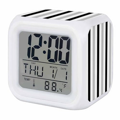 Digital Alarm Clocks for Bedroom,Abstract Stripes Geometric Cube Alarm Clock with Snooze and Nightlight Gray Black White Lines Silent Office Desk Clock Time/Date/Temperature Display - color: Black