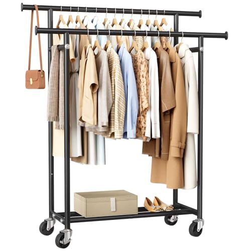 HYSEYY Clothes Rack, Double Rods Rolling Clothing Rack for Hanging Clothes, Portable Garment Rack with Wheels, Coat Rack Wardrobe Closet Load 240 LBS for Bedroom Laundry Room (Black, L) - color: Black, size: L
