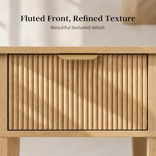 Natural Oak 15.4" Wide Small Nightstand with Drawer,Open Shelf,Fluted | Light oak tone, ribbed fluted front, 11.8-inch slim depth, concealed storage, airy fit for bedside, sofa side, or chair side - color: Natural Oak