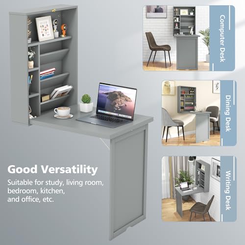 GOFLAME Wall Mounted Folding Desk with 3-Tier Tilt Storage Partition and Adjustable Shelves, Space-Saving Convertible Writing Desk for Home Office, Gray - color: Grey
