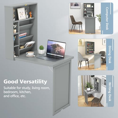 GOFLAME Wall Mounted Folding Desk with 3-Tier Tilt Storage Partition and Adjustable Shelves, Space-Saving Convertible Writing Desk for Home Office, Gray - color: Grey