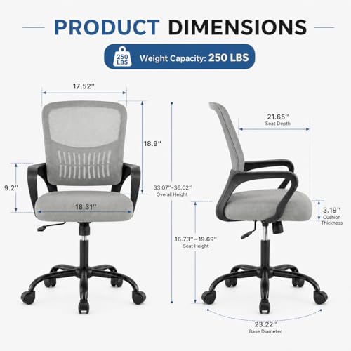 Ergonomic Office Chair, Home Office Desk Chair, Game Chair with Lumbar Support, Breathable Mesh Chairs, Swivel Desk Chairs for Computer, Home, Office, 360° Swivel (Grey) - color: Grey With Fixed Armrest
