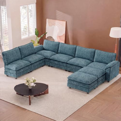 JUMMICO 232" Oversized Sectional Couch, Modular Cloud Sofa, Dark Blue | Comfy Chenille, 2 Movable Ottoman, Deep Seat, Double Layer Cushion, 6 Seat, High-Density Foam, for Living Room - color: Dark Blue, size: Oversized Sofa