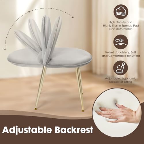 Vanity Chair with Adjustable Back, Gray Velvet Vanity Stool Chair | Upholstery Armless Makeup Stool with Gold Metal Legs for Bedroom Living Room Kitchen Dinning Room (Gold and Gray) - color: Gold and Gray