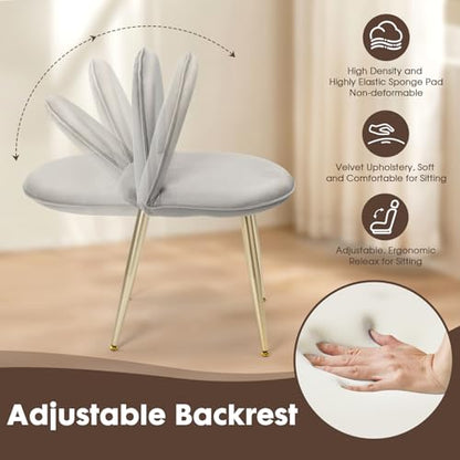 Vanity Chair with Adjustable Back, Gray Velvet Vanity Stool Chair | Upholstery Armless Makeup Stool with Gold Metal Legs for Bedroom Living Room Kitchen Dinning Room (Gold and Gray) - color: Gold and Gray