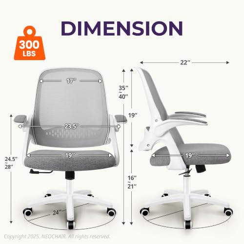 NEO CHAIR Office Desk Chair, Ergonomic Mesh with Flip-Up Armrests, Grey | Lumbar Support, Height Adjustment, 360° Swivel and Rolling Base, Space-Saving Design for Home Office, Vanity or Study - color: Grey