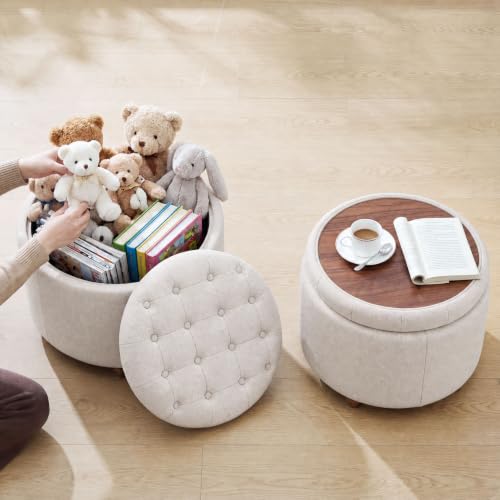 25" Round Ottoman with Storage, Small Coffee Table with Reversible Tray Lid | Tufted Fabric Round Storage Ottoman with Solid Wood Legs, 3-in-1 Footrest for Living Room, Bedroom, Entryway, Camel - color: Camel