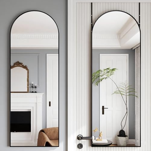 50"x 16" Door Mirror, Full Length Mirror Over The Door, Black | Aluminum Alloy Thin Frame Full Body Mirror, Leaning/Hanging/Wall-Mounted, Suitable for Bedroom, Livingroom, Cloakroom - color: Black-arched, size: 50"L x 16"W
