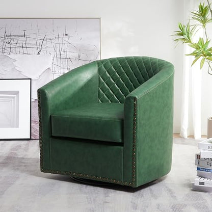 KINWELL 29" W Faux Leather Tufted PU Swivel Barrel Accent Chair, Green | No Assembly Vegan Leather Upholstered Swivel Club Chair with Nailhead Trim, Modern Armchair for Small Spaces Apartment - color: Green, style: Set of 1