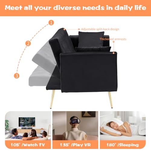 71" Modern Velvet Sofa Bed Futon, Convertible Sleeper Couch, Adj. Backrest (Black-Velvet) - color: Black-velvet